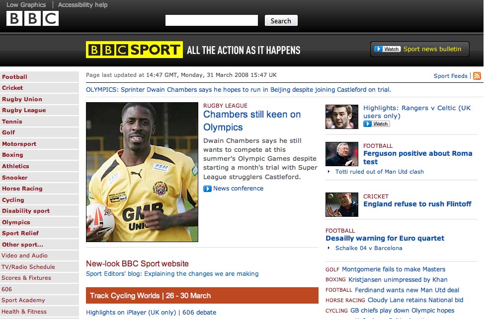 Screenshot of new look BBC Sport website