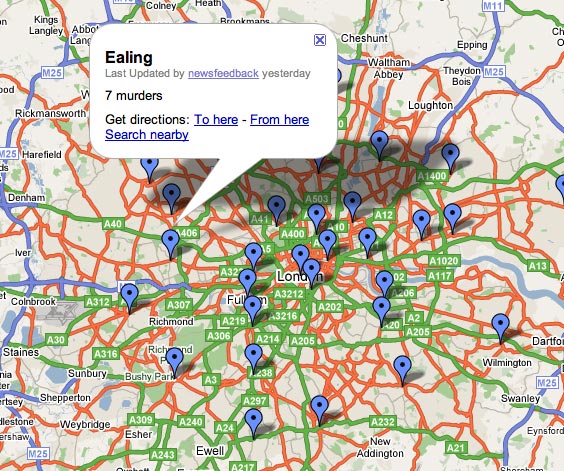 Screenshot of Telegraph map of London murders in 2007