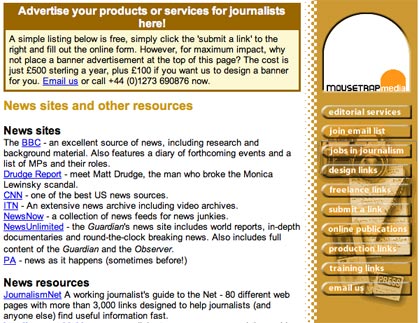 Screen grab of Journalism.co.uk in 1999