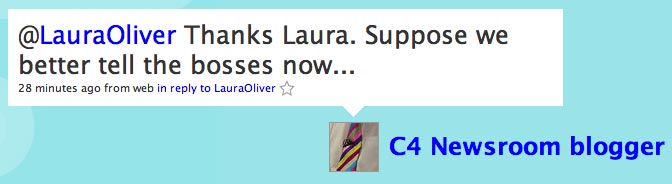 Screenshot of Twitter response from @channel4news to @lauraoliver