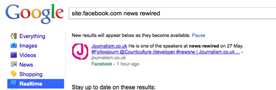 Google Facebook news:rewired search